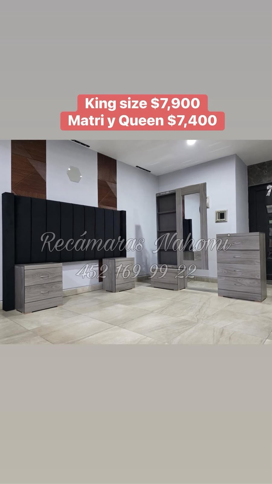 Recámara King Cabecera de Panel Negro Muebles Grises