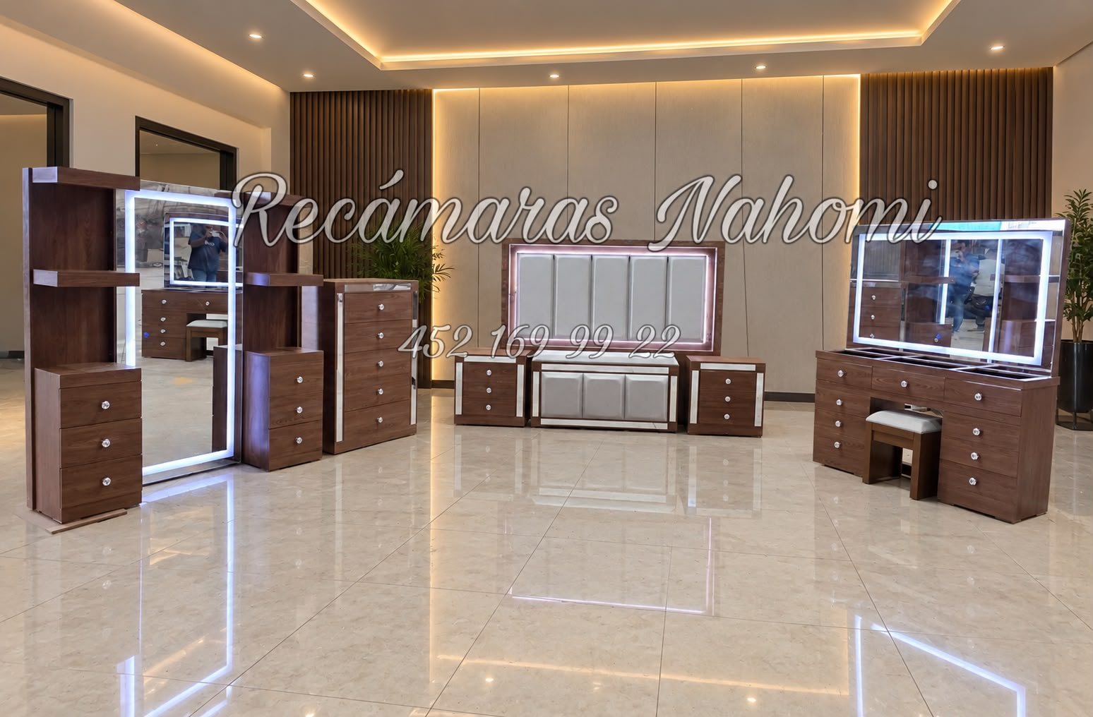 Recámara King Nogal con Cabecera LED y Tocador Iluminado