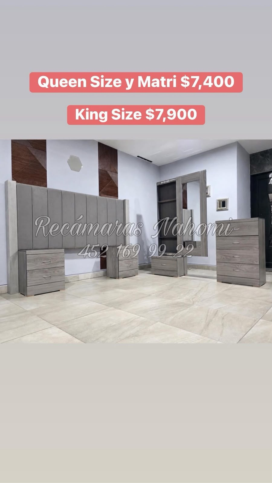 Recámara King Cabecera Panel Gris con Muebles Gris Roble