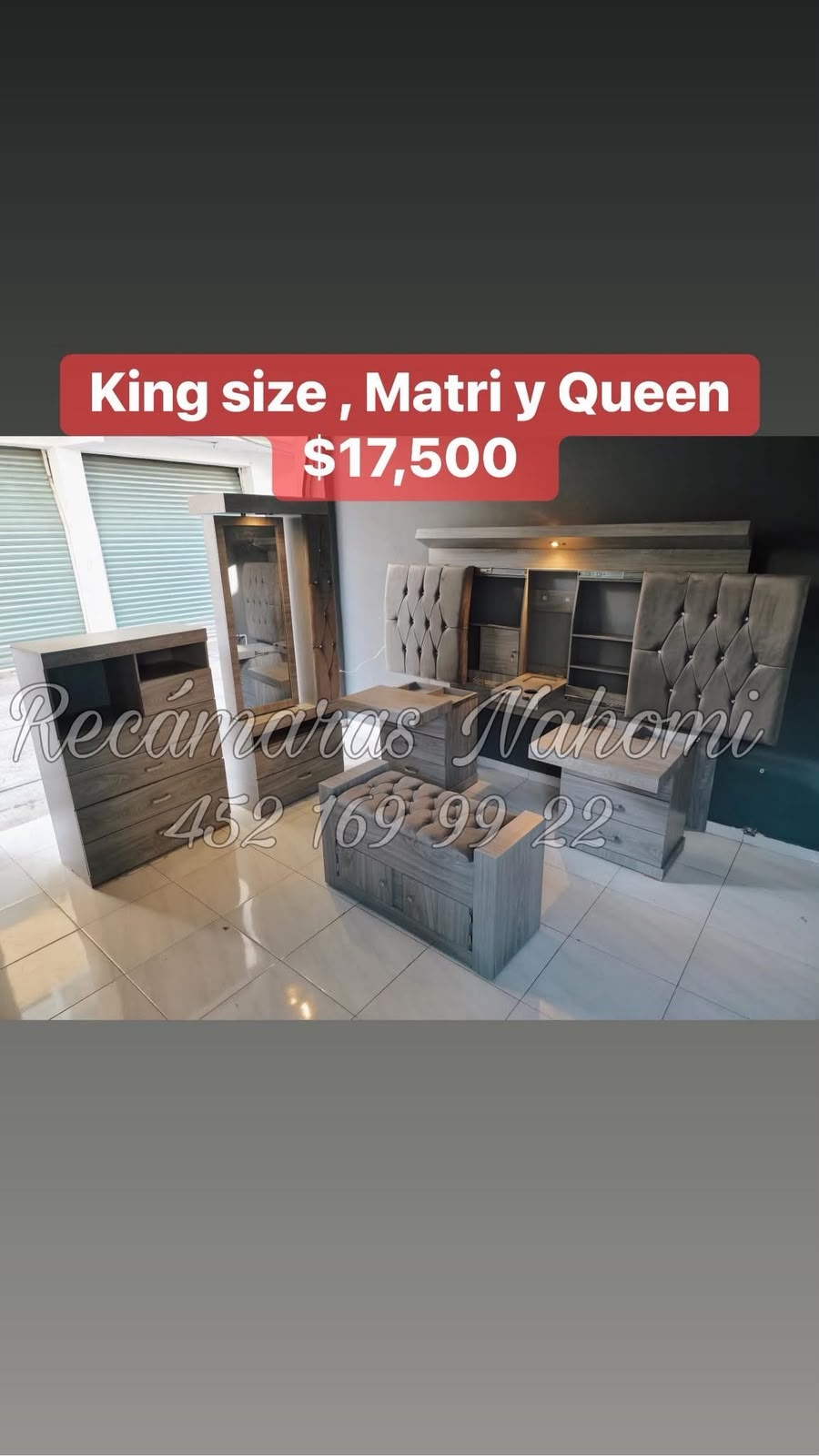 Recámara King Gris Madera Capitonada con Baúl