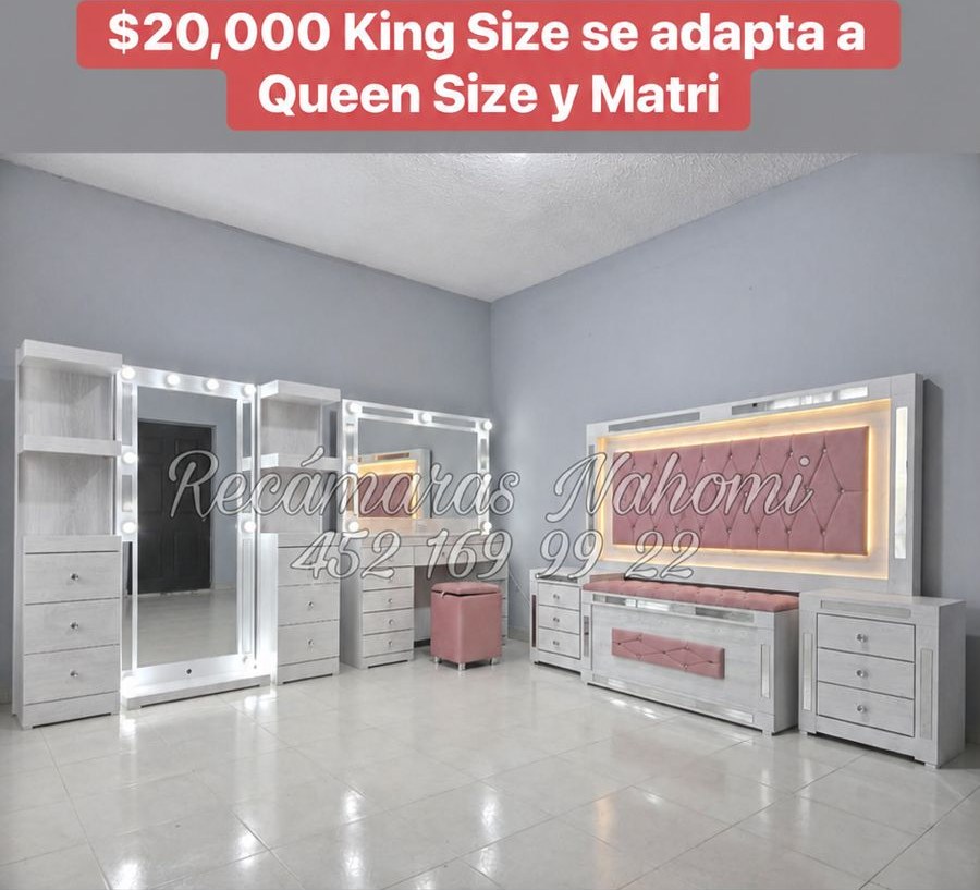 Recámara King Blanca con Cabecera Rosa y Tocador Hollywood