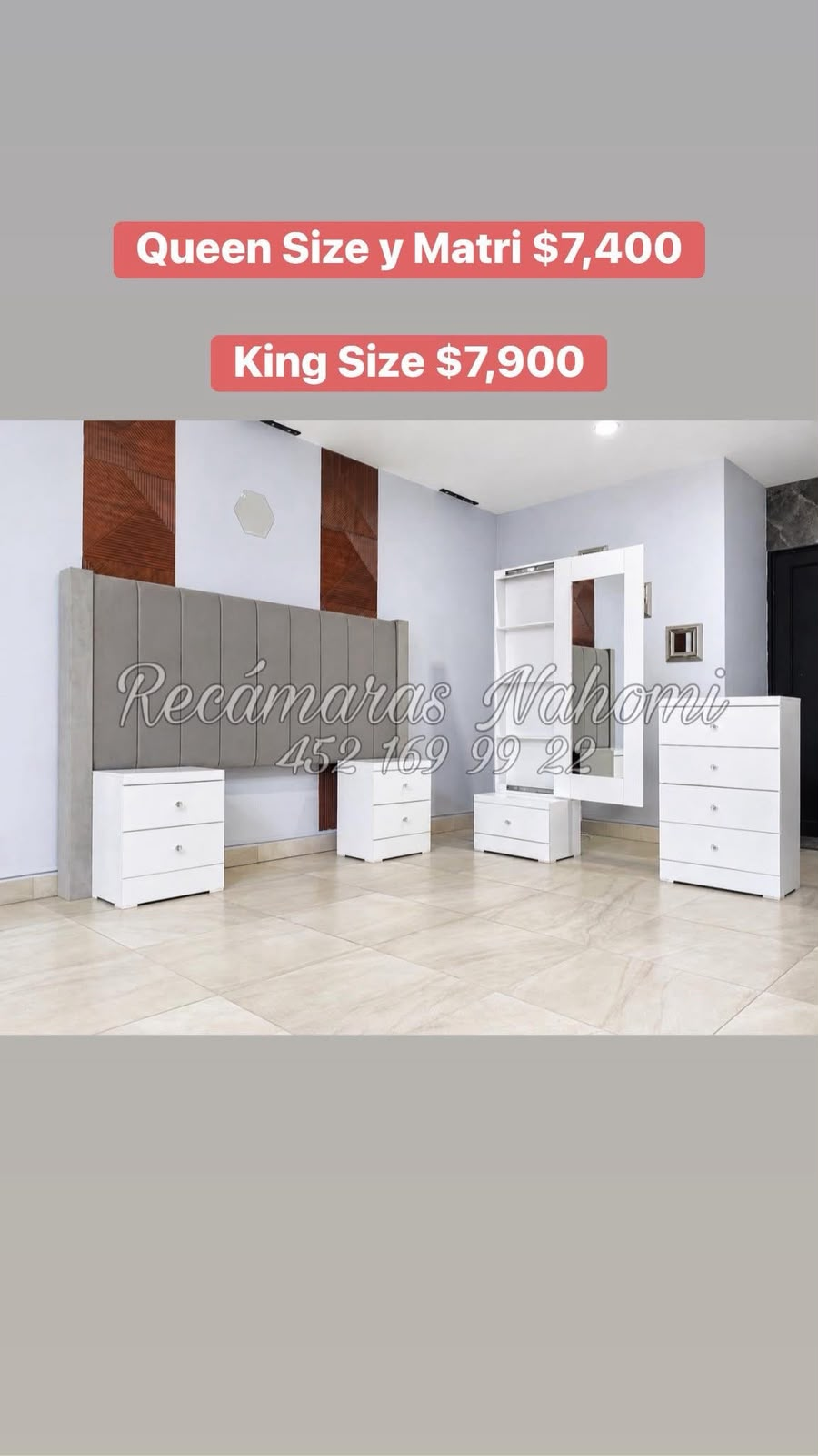 Recámara King Cabecera Panel Gris Muebles Blancos