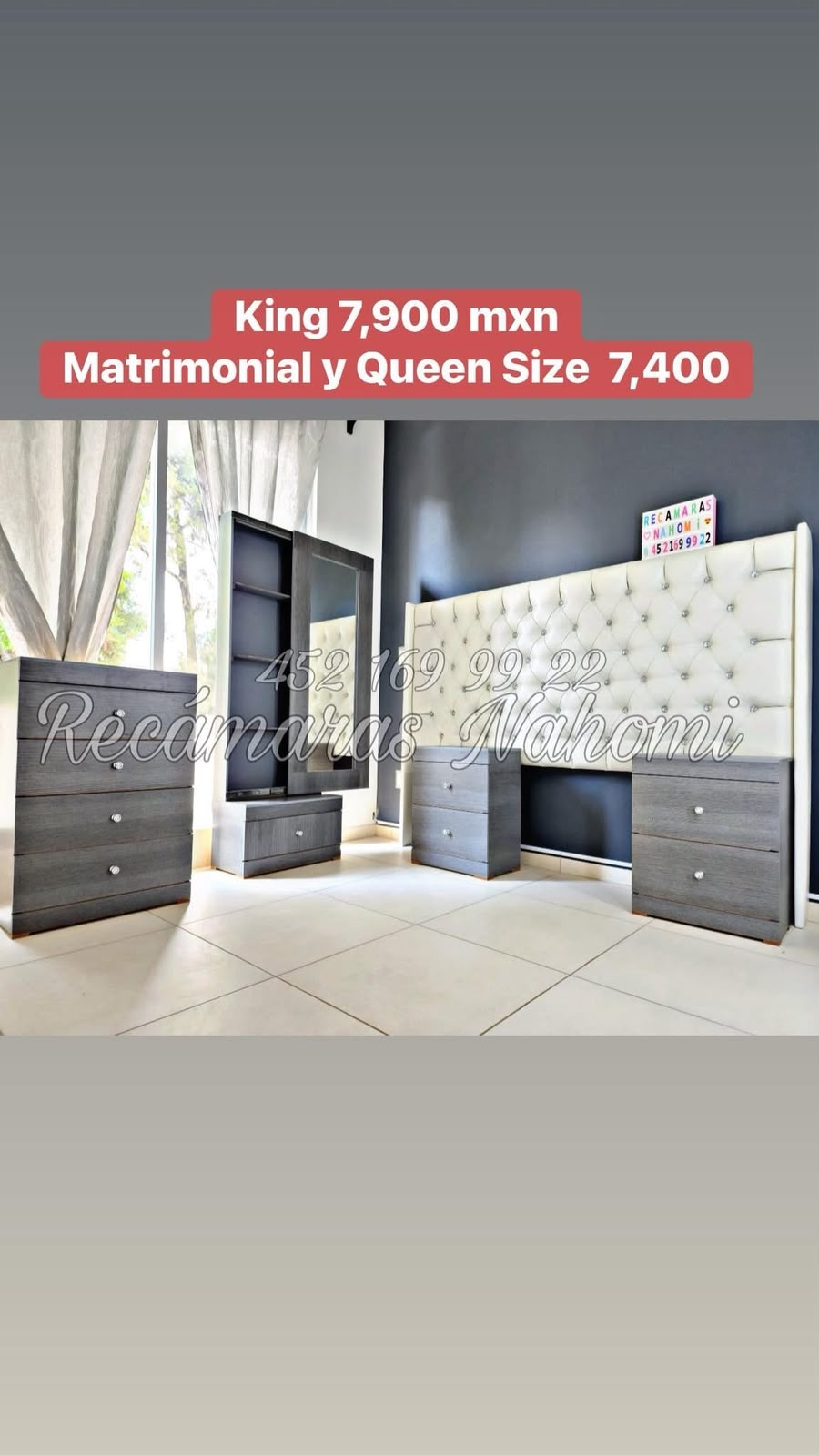 Recámara King Cabecera Capitonada Blanca Muebles Grises