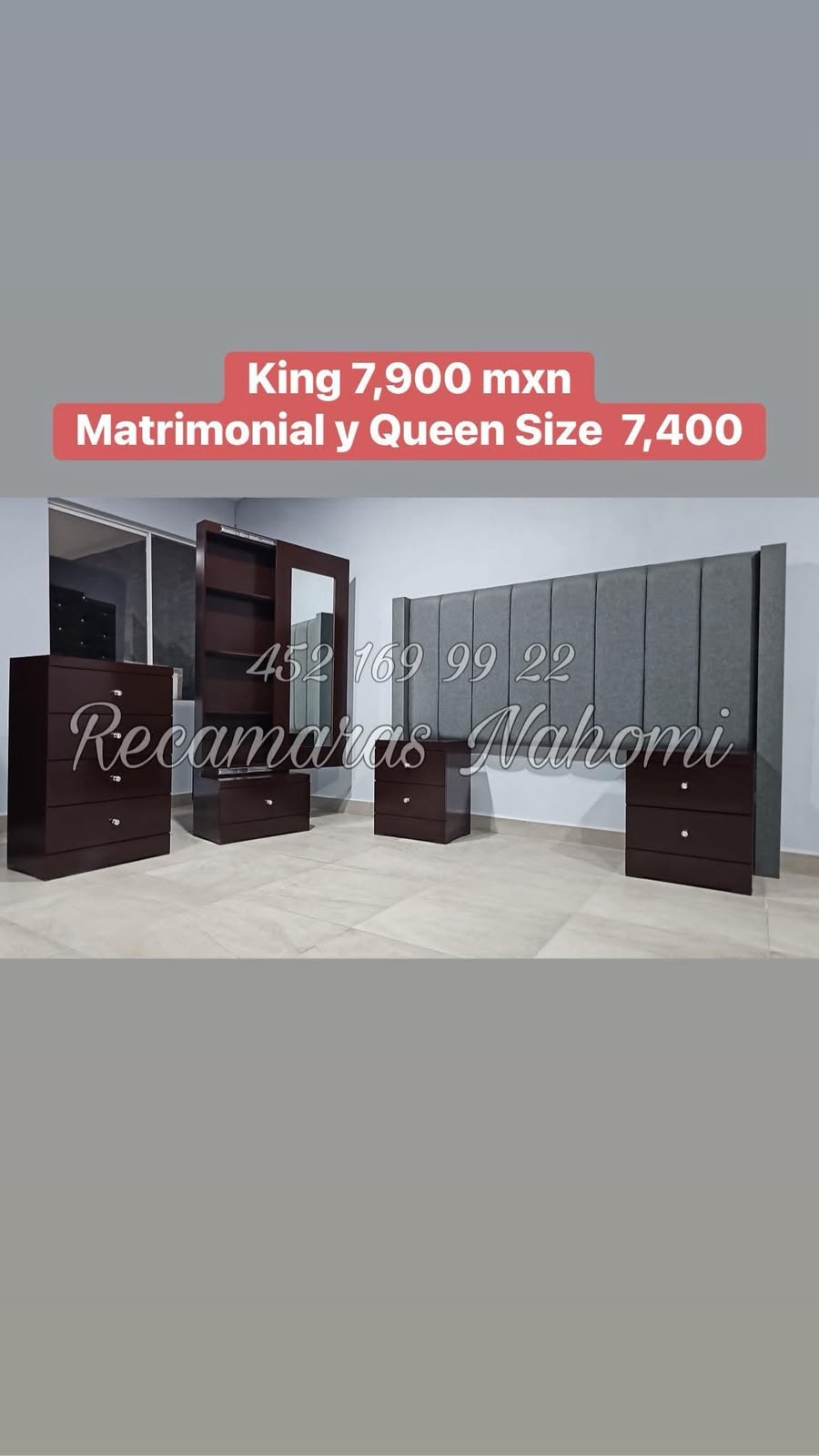 Recámara King Cabecera Panel Gris Muebles Chocolate