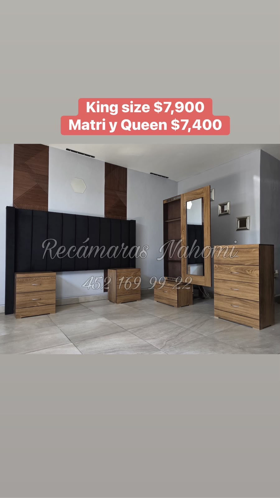 Recámara King Cabecera Panel Negro con Muebles Nogal