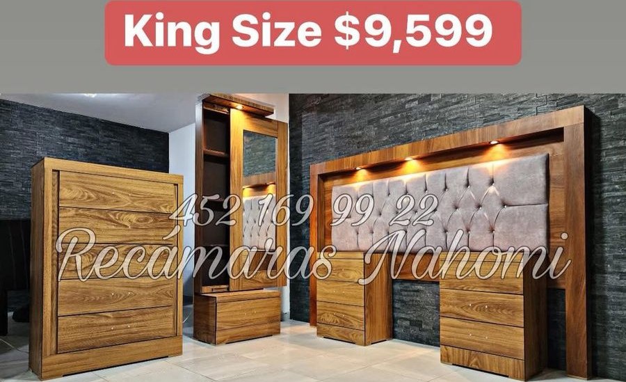 Recámara King Nogal con Cabecera Beige Capitonada
