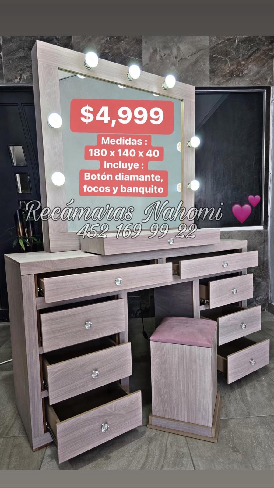 Tocador Madera Claro 180 x 140 x 40 con Banquito
