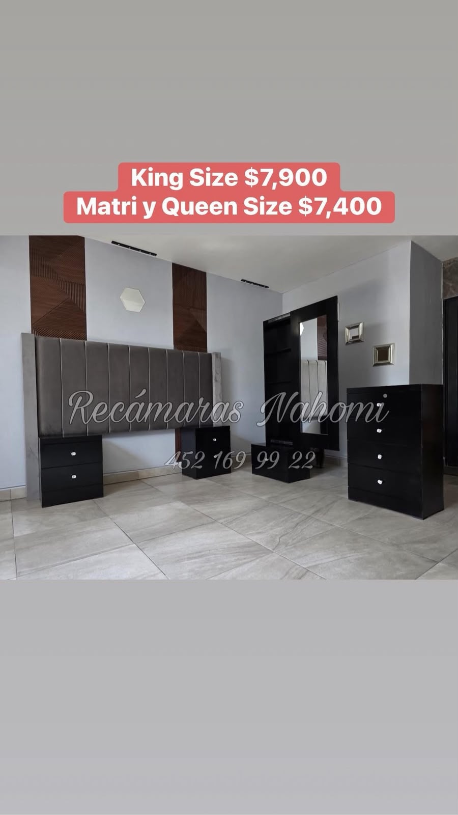 Recámara King Cabecera Panel Gris Oscuro con Muebles Negros