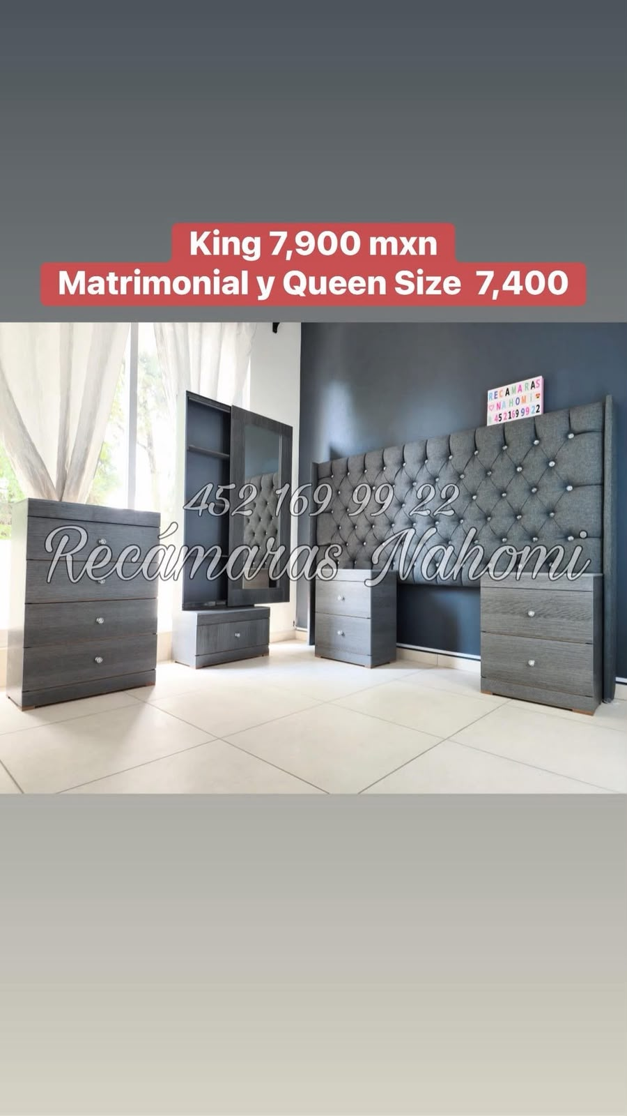 Recámara King Cabecera Capitonada Gris Muebles Grises