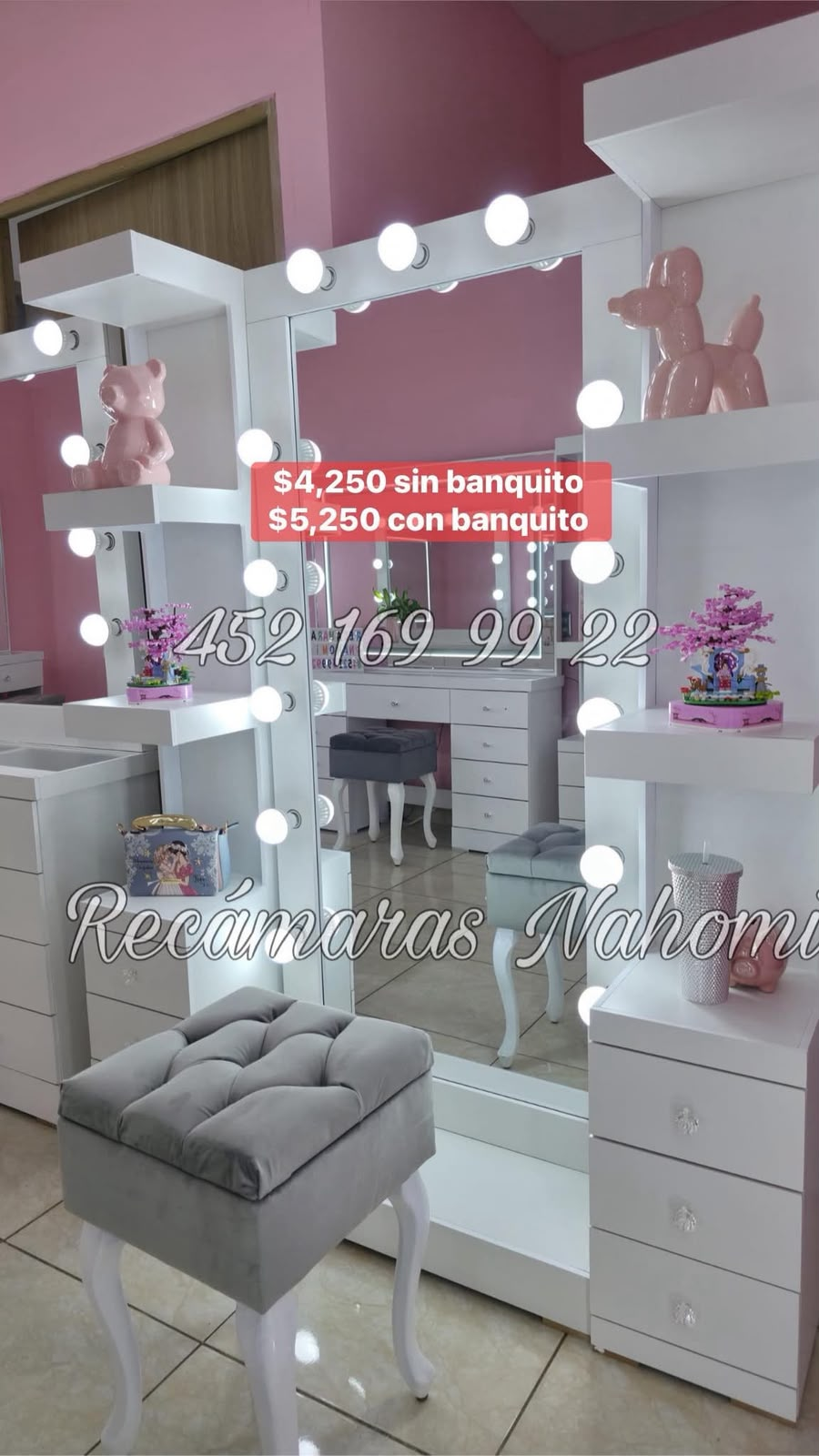 Vanity Blanco con Torres de Repisas y Banquito