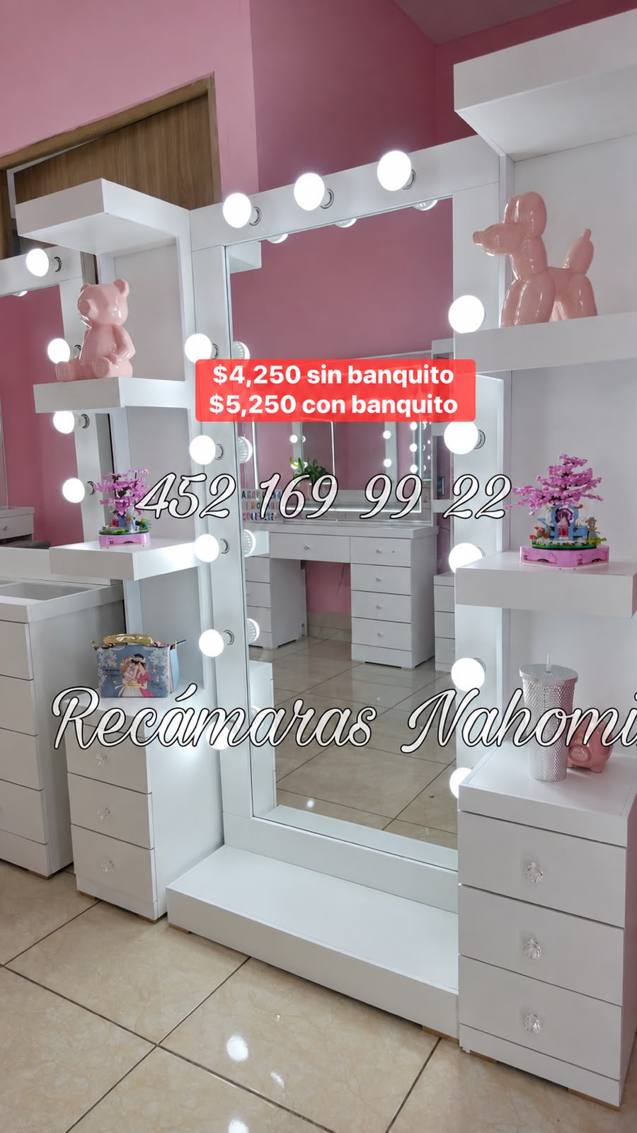 Vanity Blanco Espejo de Piso con Repisas sin Banquito