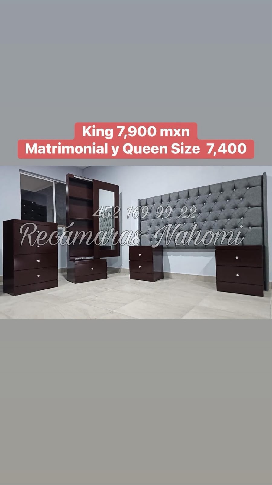 Recámara King Cabecera Capitonada Gris Muebles Chocolate