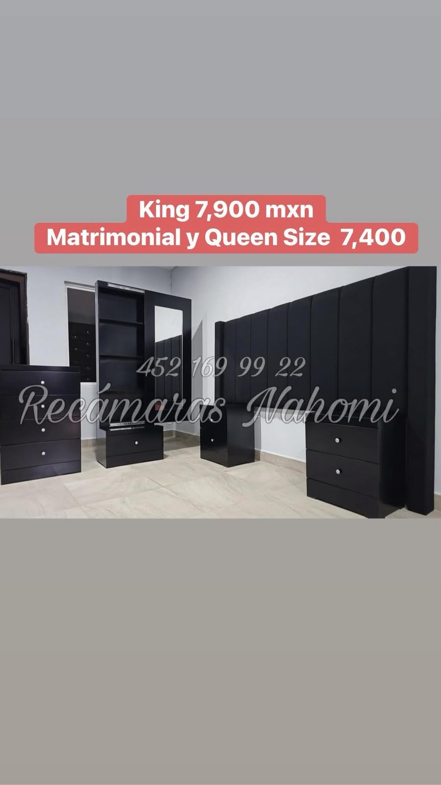 Recámara King Cabecera de Panel Negro Alto