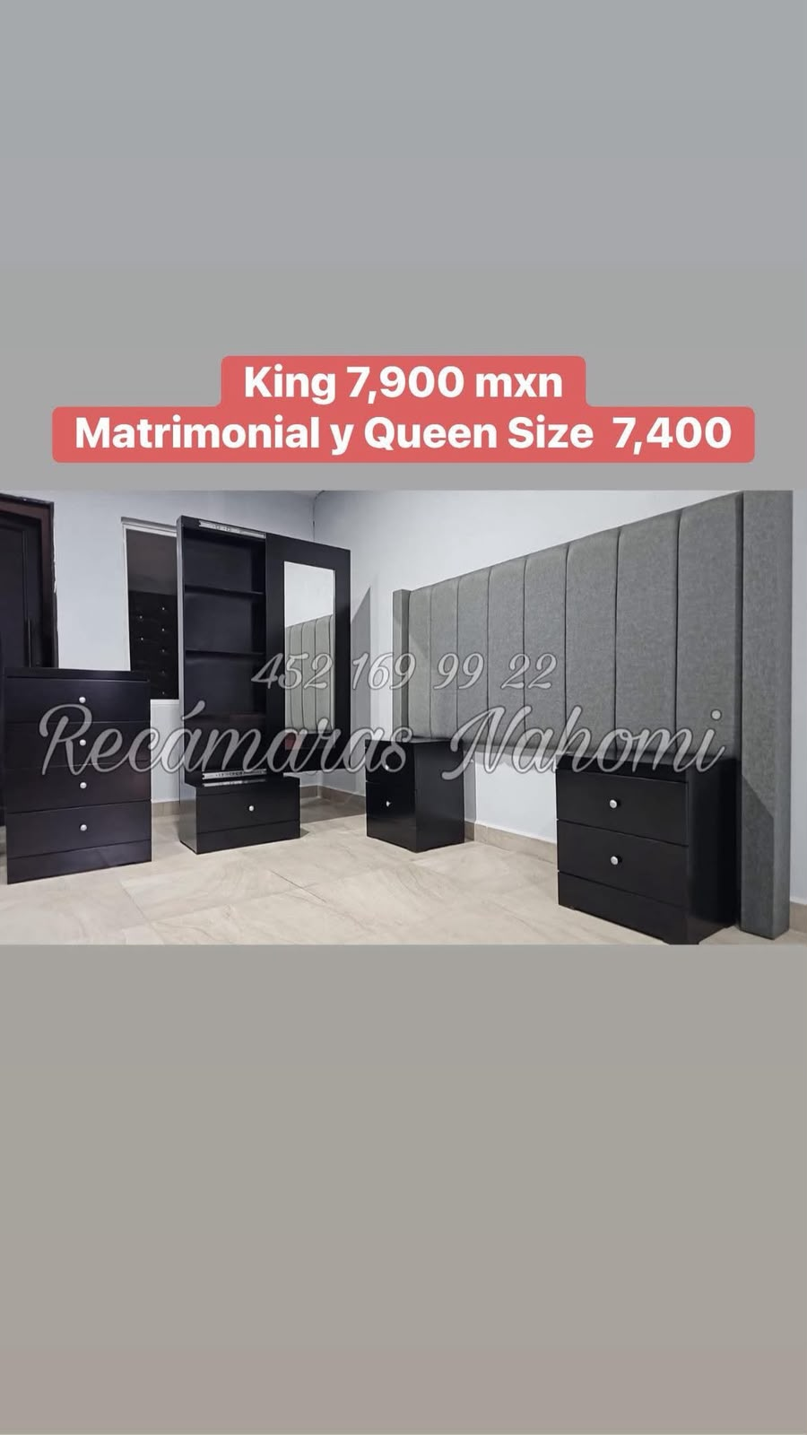 Recámara King Cabecera de Panel Gris Muebles Negros