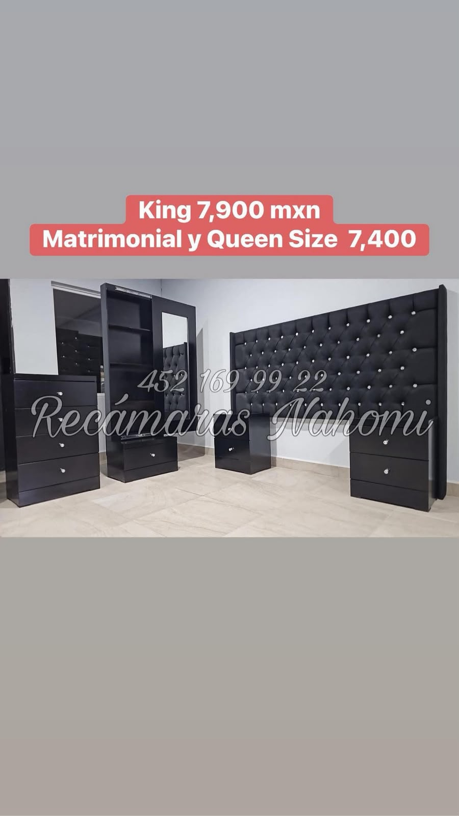 Recámara King Cabecera Capitonada Negra con Cristales
