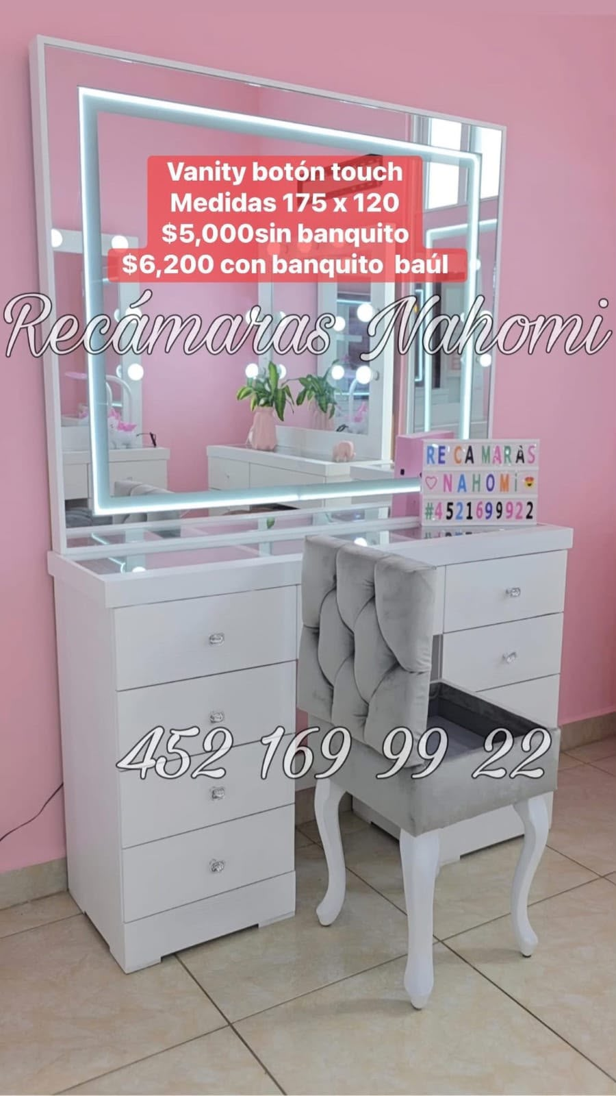 Vanity Botón Touch 175x120 con Banquito Baúl