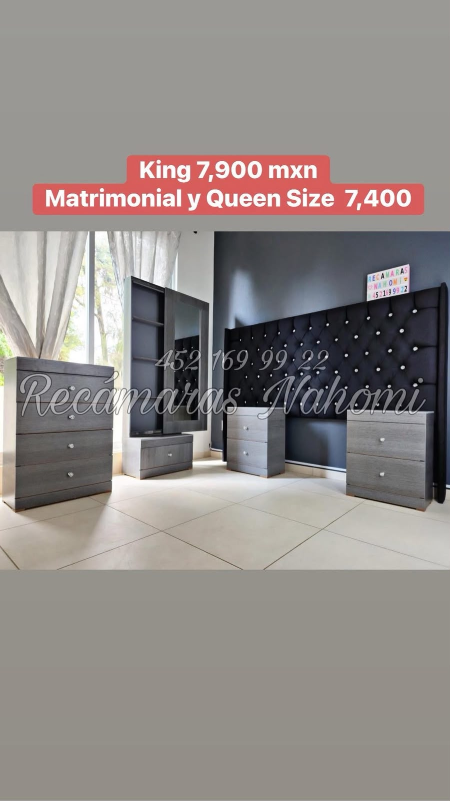 Recámara King Cabecera Capitonada Negra Muebles Grises