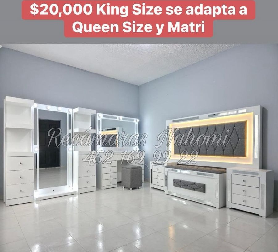 Recámara King Blanca con Cabecera Gris y Tocador Hollywood