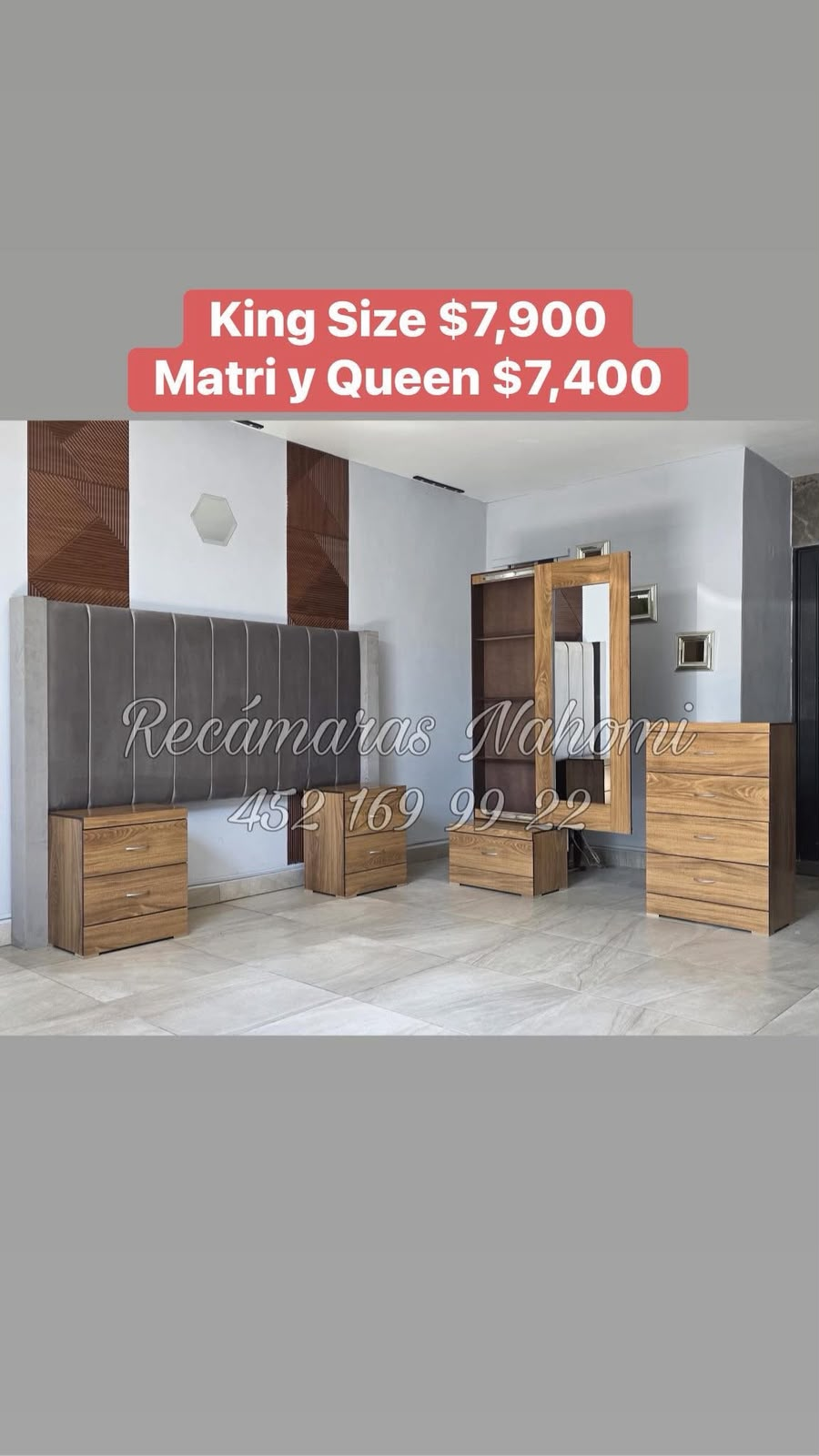Recámara King Cabecera Panel Gris con Muebles Nogal