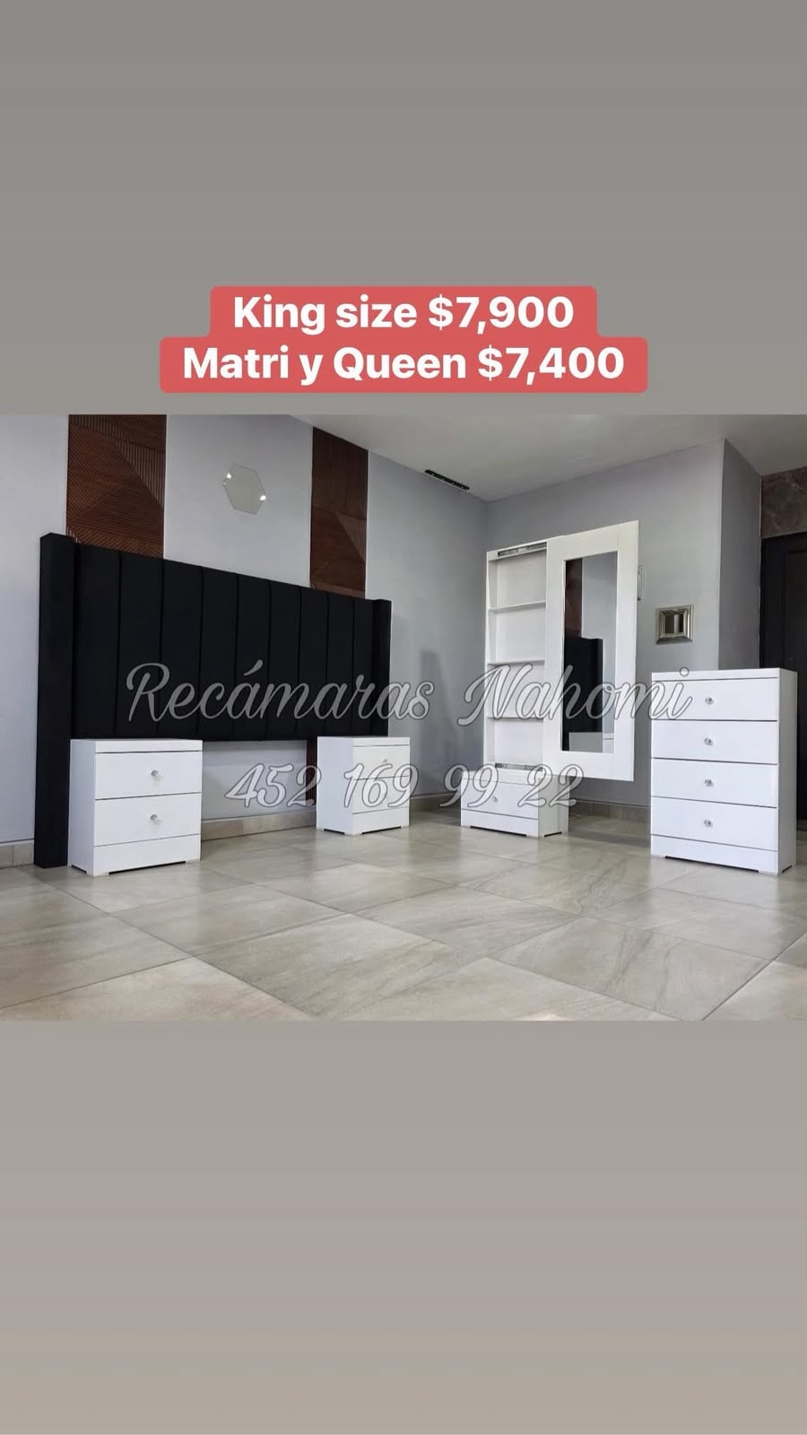 Recámara King Cabecera Panel Negro con Muebles Blancos