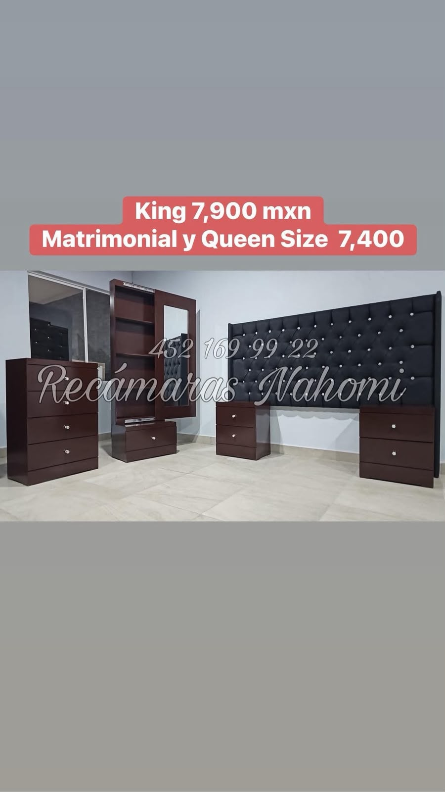 Recámara King Cabecera Capitonada Negra Muebles Chocolate