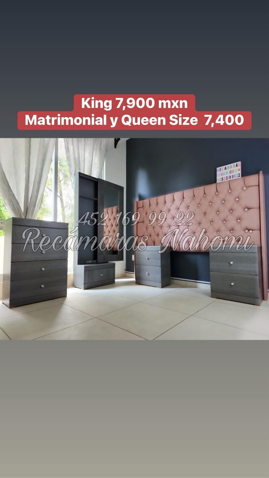 Recámara King Cabecera Capitonada Rosa Muebles Grises